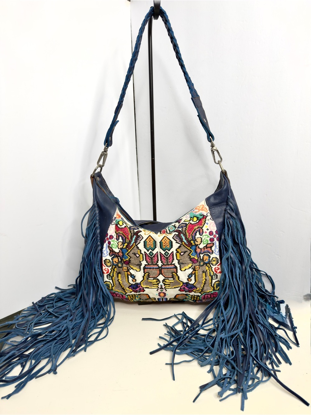 Boho Festival Western Blue Fringe Leather & Cross Stitch Tapestry Bag